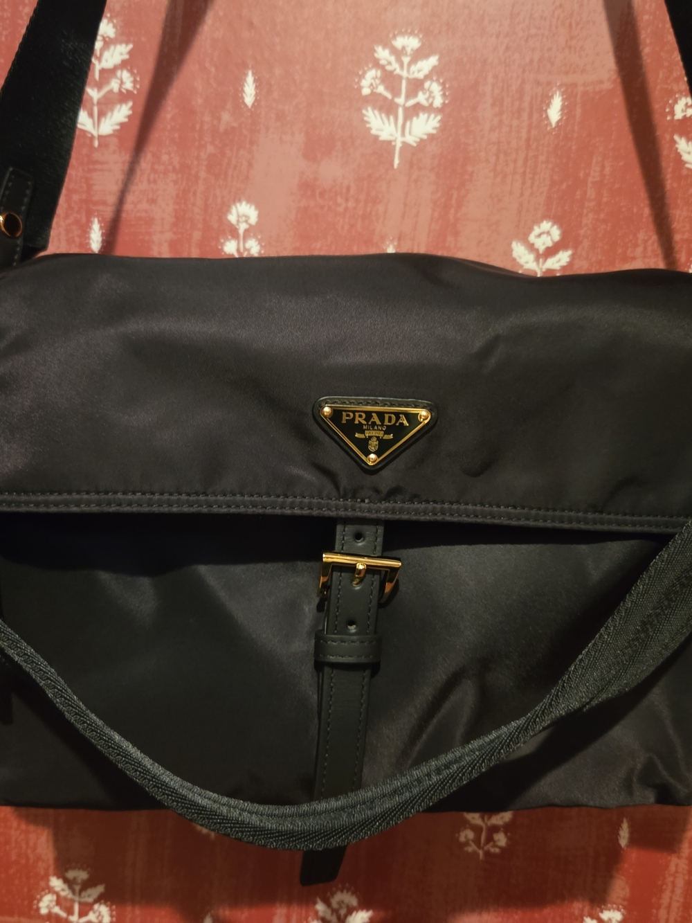 FAUX Black Nylon Messenger Bag with Gold Hardware